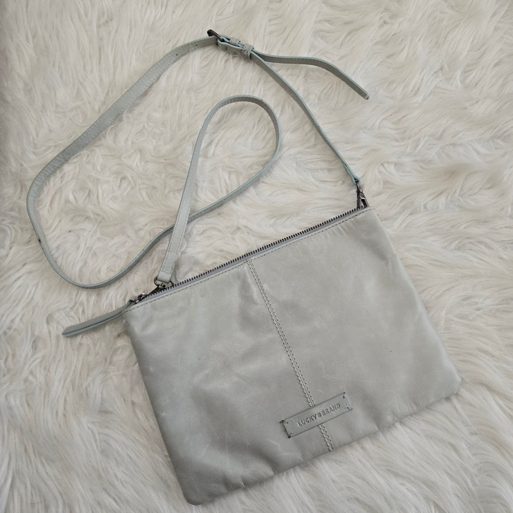 Lucky Brand Light Seafoam Leather Double Zip Crossbody Bag Slim Messenger - Picture 1 of 12